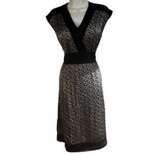 Vintage 100% Silk Black & Metallic Sheath Dress V-Neck Fitted Waist, Y2K, Medium